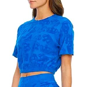 Juicy Couture Women’s L Electric Blue Embossed Terry Towel SS Crop Sweater NWT